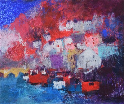 Lot 8 - Caroline Bailey, "Looe Boats", mixed media.