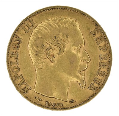 Lot 9 - 1857 Napoleon III 20 Francs French gold coin and 1863 Napoleon III 10 Francs French gold coin (2).