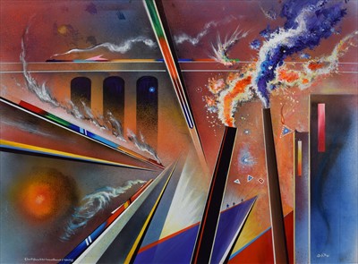 Lot 45 - David Wilde, "Futon St. Steam and the Surreal Flames of Industry", acrylic.