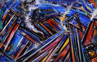 Lot 52 - David Wilde, "Colours appeared and in my minds eye I soared above the Docks like a bird", acrylic.