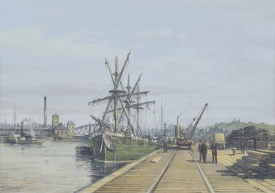 Lot 92 - J.L. Chapman, "Unloading Timber, Trafford Wharf", gouache.