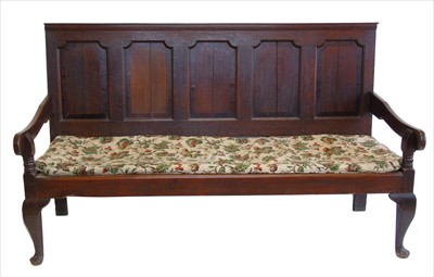 Lot 277 - George III oak and mahogany cross-banded settle