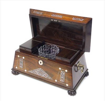Lot 82 - Regency rosewood veneered sarcophagus shaped tea caddy