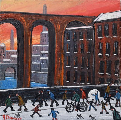 Lot 14 - J. Downie, "The Bridge, Stockport", oil.
