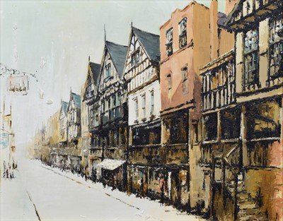 Lot 12 - David Cartwright, "Watergate Street, Chester", oil.