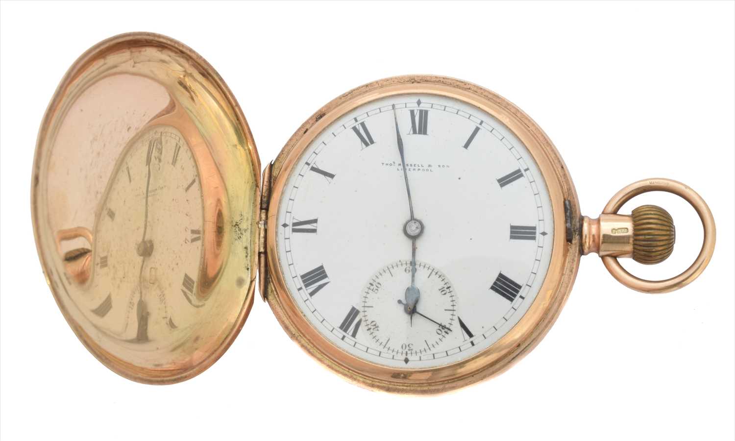Lot 397 - An early 20th century 9ct gold full hunter pocket watch by Thos Russell & Son