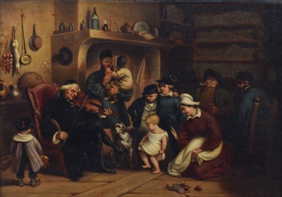 Lot 203 - Continental School, 19th century, Interior scene with figures, oil.