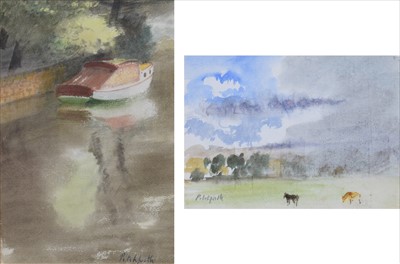 Lot 175 - R.V. Pitchforth, River scene with boat and rural view with horses, watercolours (2).
