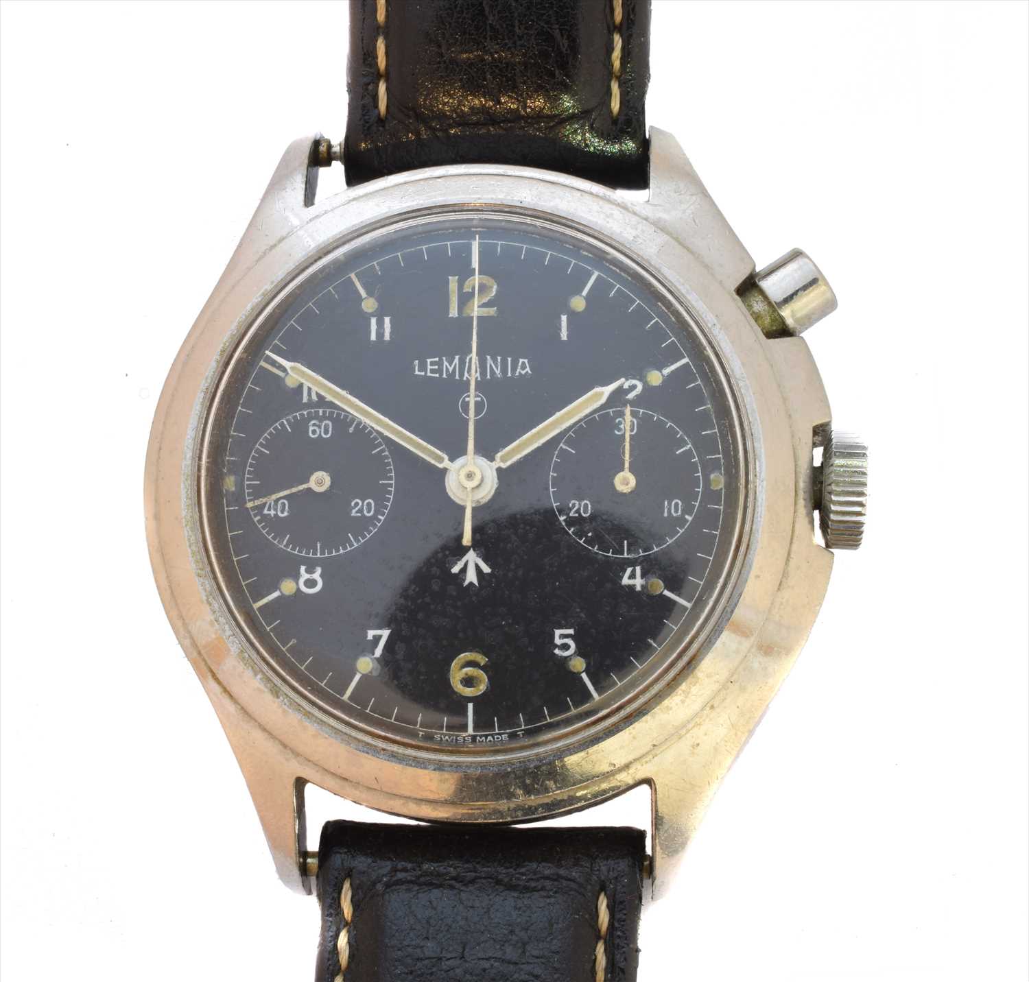 354 - A rare 1960s Lemania stainless steel military single button chronograph wristwatch,