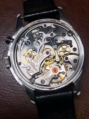Lot 354 - A rare 1960s Lemania stainless steel military single button chronograph wristwatch
