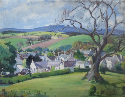Lot 5 - Helen Sterling Johnston, Scottish rural village with mountains beyond, oil.