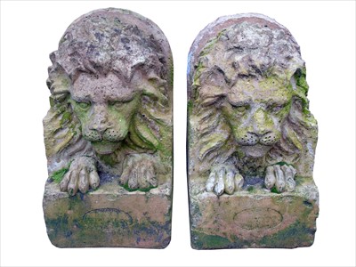 Lot 339 - A pair of terracotta lion corbels marked with a Mason Winter Hill Brick Works, Bolton 56cm (22")