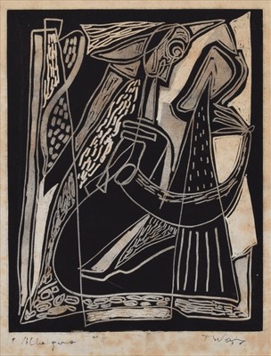Lot 111 - Tadeusz Was, "Allegory", signed soot cut.