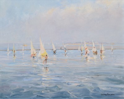 Lot 37 - George Thompson, "Windsurfers, Marine Lake, West Kirby", oil.