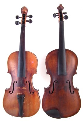 Lot 2 - German lion head scroll violin together with one other violin, both with cases.