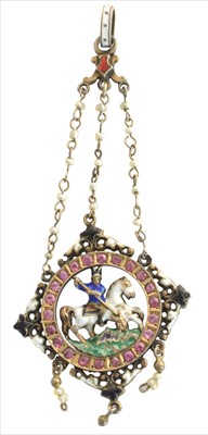 Lot 142 - An Austro-Hungarian silver enamel and seed pearl pendant
