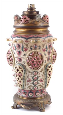 Lot 122 - Zsolnay Pecs oil lamp converted to electric.
