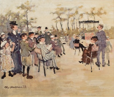 Lot 59 - Margaret Chapman (British 1940-2000), Waiting for the Concert (Grange), oil.
