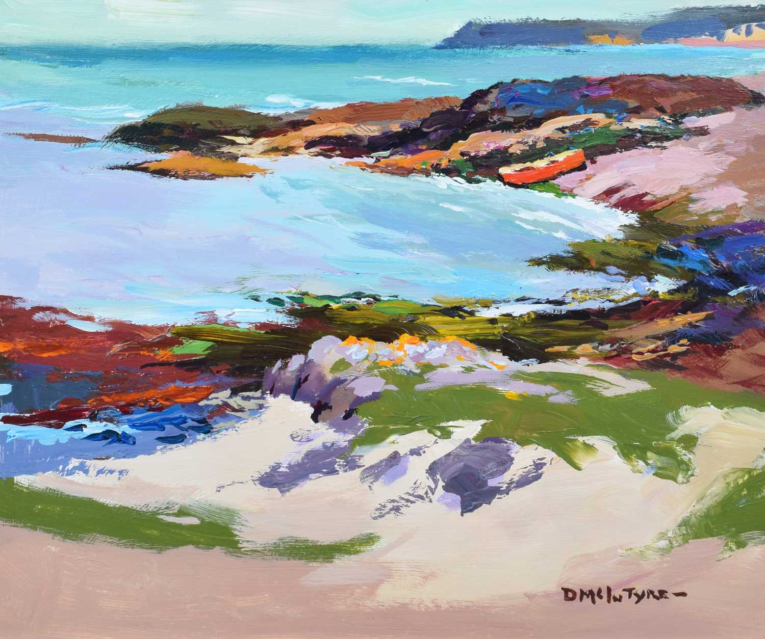 Lot 38 - Donald McIntyre, "Red Boat, Iona", acrylic.