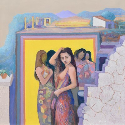 Lot 46 - John Picking, "Village Dream II", oil.