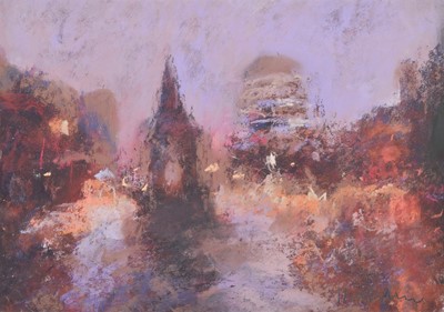 Lot 49 - Marc Grimshaw, "Winter Dusk, Albert Square", pastel.