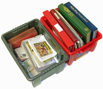 Lot 84 - Mainly British Commonwealth stamp collection in six albums or binders, on leaves and in packets, plus a carton of covers and trade cards.