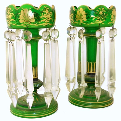 Lot 126 - A pair of Victorian green glass lustre