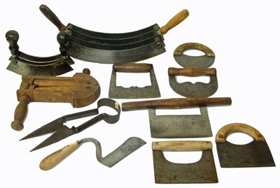 Lot 53 - Night watchman's rattle, pinking shears, nine kitchen chopping board blades.