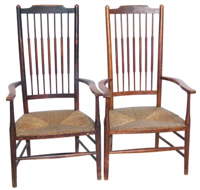 Lot 147 - Pair of beech frame arts and crafts design open arm chairs.