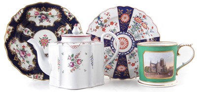 Lot 87 - Two Worcester plates Newhall teapot and a Staffordshire mug