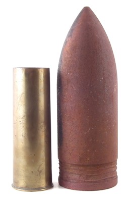 Lot 216 - Large Naval 6" diameter solid iron shell head and a 1954 25Pdr shell case