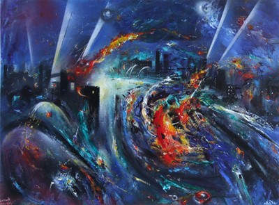 Lot 79 - David Wilde (British 1918-1978), "Salford Docks Blitz", acrylic.