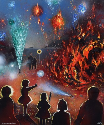 Lot 80 - David Wilde (British 1918-1978), "The Big Bonfire at Aber", acrylic.
