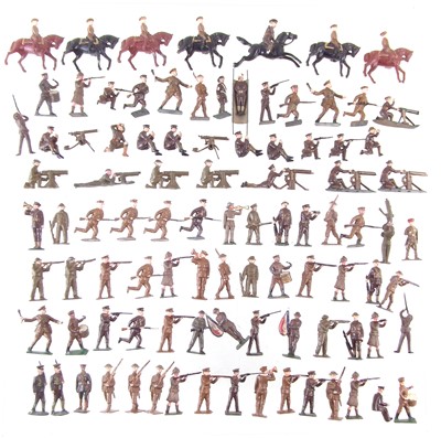 Lot 222 - Eighty six WWI metal British Infantry soldiers by J. Hill and Co and other makers, also Seven mounted soldiers.