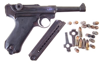 Lot 13 - Deactivated DWM PO8 Luger, spare magazine, loading tools and ammunition