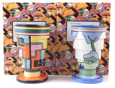 Lot 119 - Two Wedgwood Clarice Cliff vases, boxed, decorated with Pastel Honolulu and Football patterns.