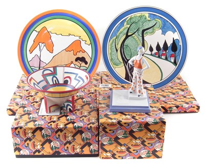 Lot 123 - Two Wedgwood Clarice Cliff chargers a bowl and Orange Lady figure, boxed, decorated with May Avenue and Tennis pattern.