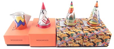 Lot 125 - Three Wedgwood Clarice Cliff conical sugar sifters and a jug