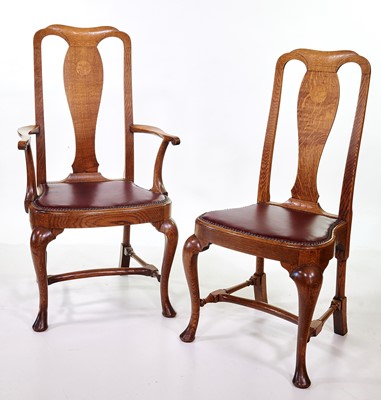 Lot 341 - A set of six Queen Anne style light oak dining chairs