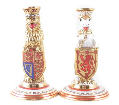 Lot 129 - Minton Heraldic Unicorn and Lion candlesticks