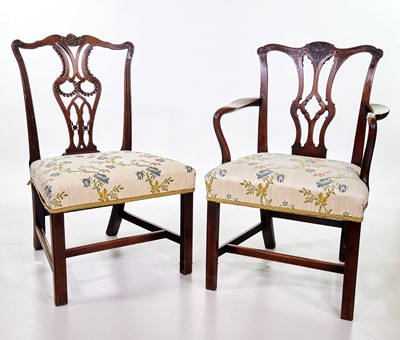 Lot 343 - Set of six George III style mahogany Chippendale dining chairs