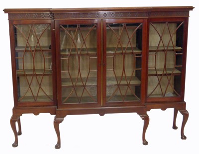 Lot 323 - Edwardian mahogany breakfront display cabinet on stand