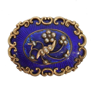 Lot 10 - A Victorian enamel diamond and split pearl brooch