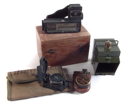 Lot 463 - Marine distance meter, Weldon range finder, compass, spare parts case (empty) and a lantern
