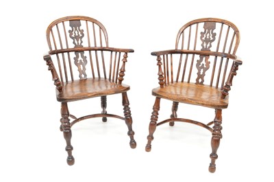 Lot 377 - Pair of mid 19th Century Yew and Elm Low Back Windsor Chairs