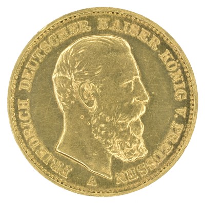 Lot 98 - German States, Prussia, Frederick III (March 1888-June 1888), 20 (Twenty) Mark, 1888, gold, EF.