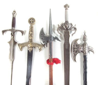 Lot 225 - Three 20th century mythical swords, also two pole axes.