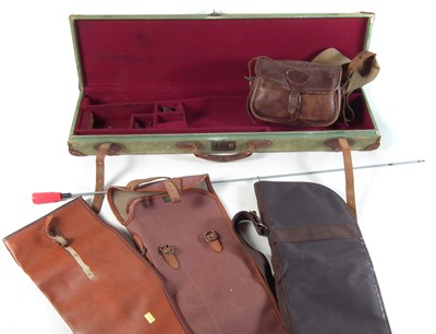 Lot 344 - Canvas gun case, cartridge bag, three gun slips and a cleaning rod