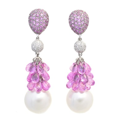 Lot 49 - A pair of sapphire, diamond and cultured pearl earrings