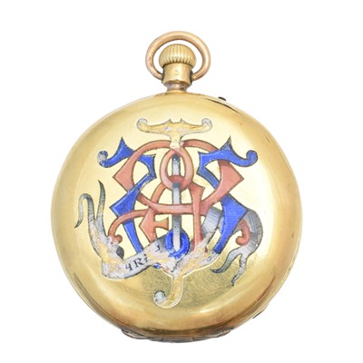 Lot 152 - A late 19th century 18ct gold enamel hunter pocket watch